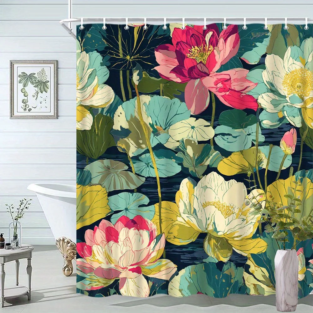 Luxury Botanical Jungle Floral Print Shower Curtain for Bathroom Decor Tropical Lotus Peony Flower Curtain Liner Waterproof