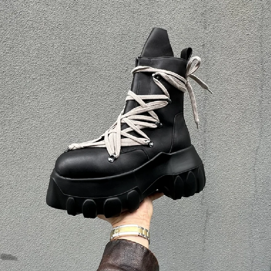 

High-top Genuine Leather Octopus-Sole Streetwear Boots for Men Lace-Up, Chunky Platform, Extreme High Heel & Hidden Lift