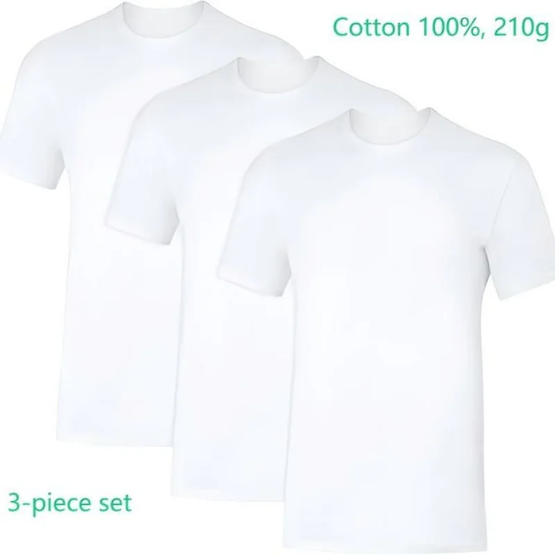 

100% Cotton Men's 210g T-Shirt High Quality Short Sleeves Summer White Breathable Round-Neck Casual Underwear Top. 3-Piece Set