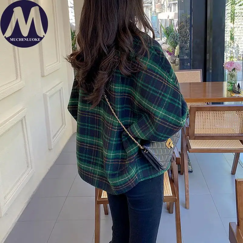 เสื้อแจ็คเก็ตสตรีฤดูใบไม้ร่วงฤดูหนาวใหม่ Elegant ตาราง DOLMAN แขนผ้าขนสัตว์ชนิดหนึ่งเสื้อขนสัตว์เกาหลีแฟชั่น Casual หลวมเสื้อแจ็คเก็ตสั้น