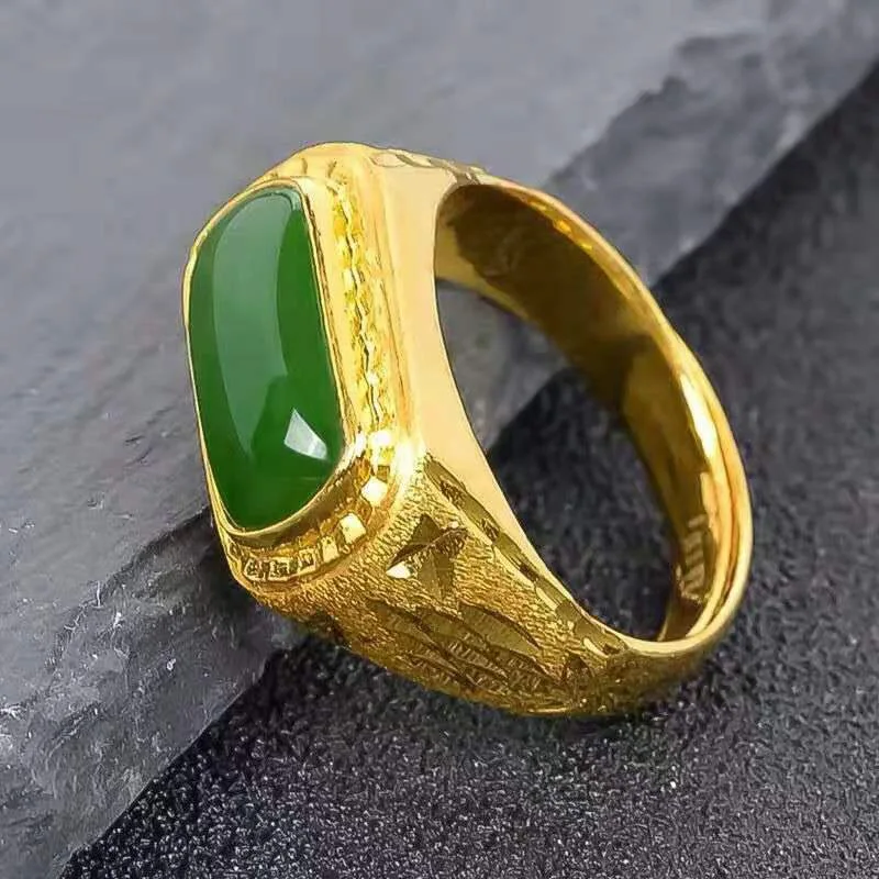 Men's 24K Gold Adjustable Jasper Ring, AU999 | Engraved 