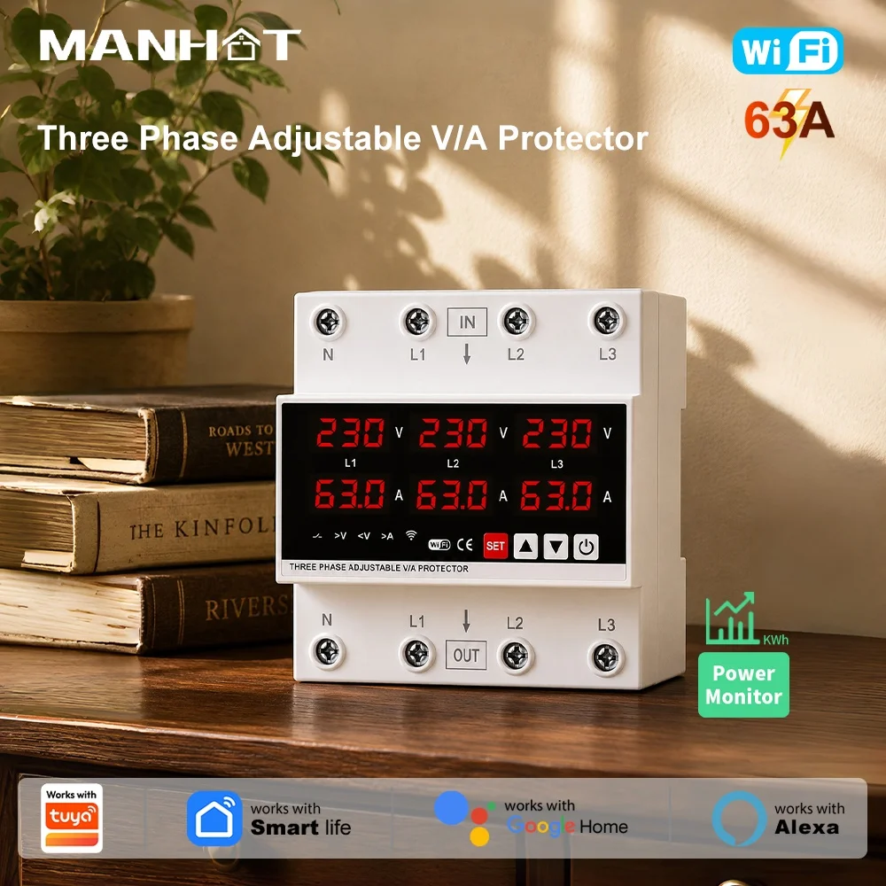 Manhot 63A Three Phase 4P+N Smart Circuit Breaker DIN Rail Switch Adjustable Over And Under Voltage Current Protection Remote