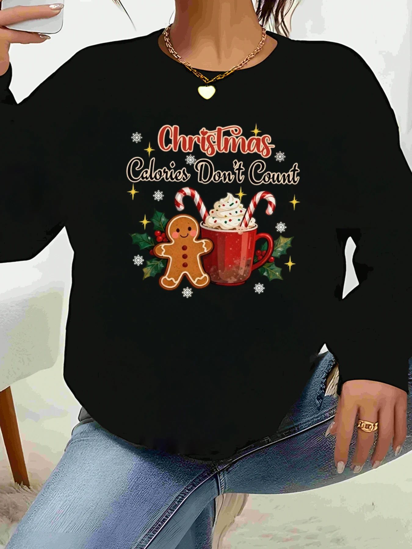 Christmas Calories Don'T Count Gingerbread and Hot Cocoa Print Long Sleeve Top Holiday Party Women's Casual Wear