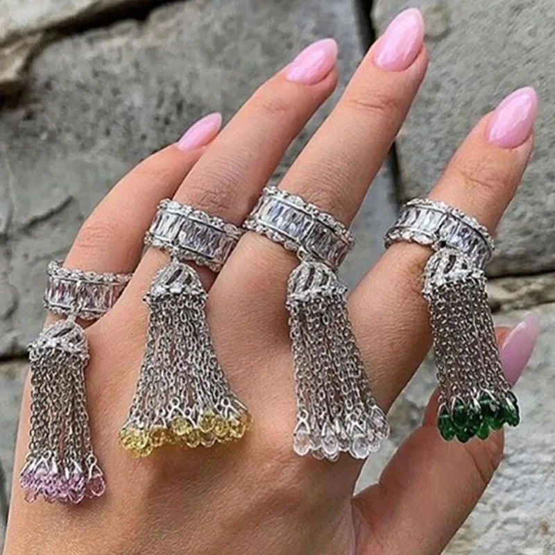 Luxury Brand Pure 925 Sterling Silver White Pink Yellow Green Tassel Crystal Stones Finger Ring Women Girl Fine Jewelry