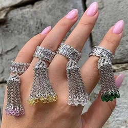 Luxury Brand Pure 925 Sterling Silver White Pink Yellow Green Tassel Crystal Stones Finger Ring Women Girl Fine Jewelry