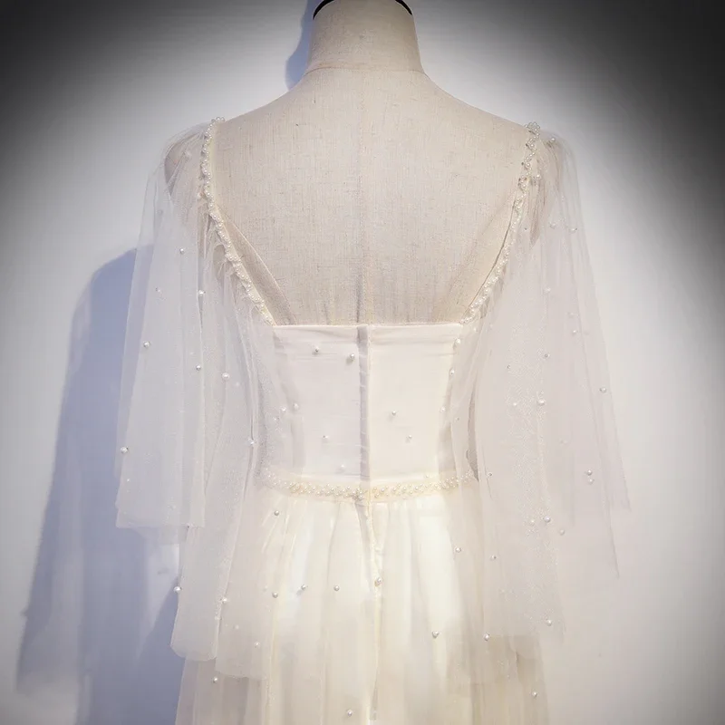 Dostosowana suknia wieczorowa szampańskie koraliki kwadratowy kołnierzyk linia A krótkie rękawy długość do herbaty Plus rozmiar kobieta formalna suknia na przyjęcie B1004