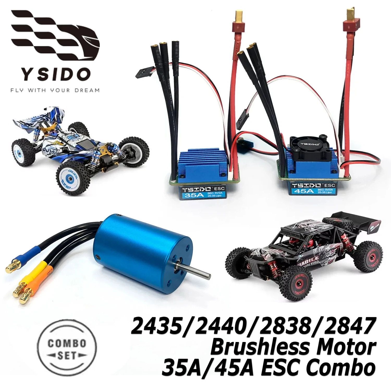 Combo de Motor Brushless YSIDO 2435/2440/2838/2847 e ESC 35A/45A para Barcos e Carros RC Wltoys, Remo Hobby, XLH, Timaya, Redcat 1/12, 1/14, 1/16