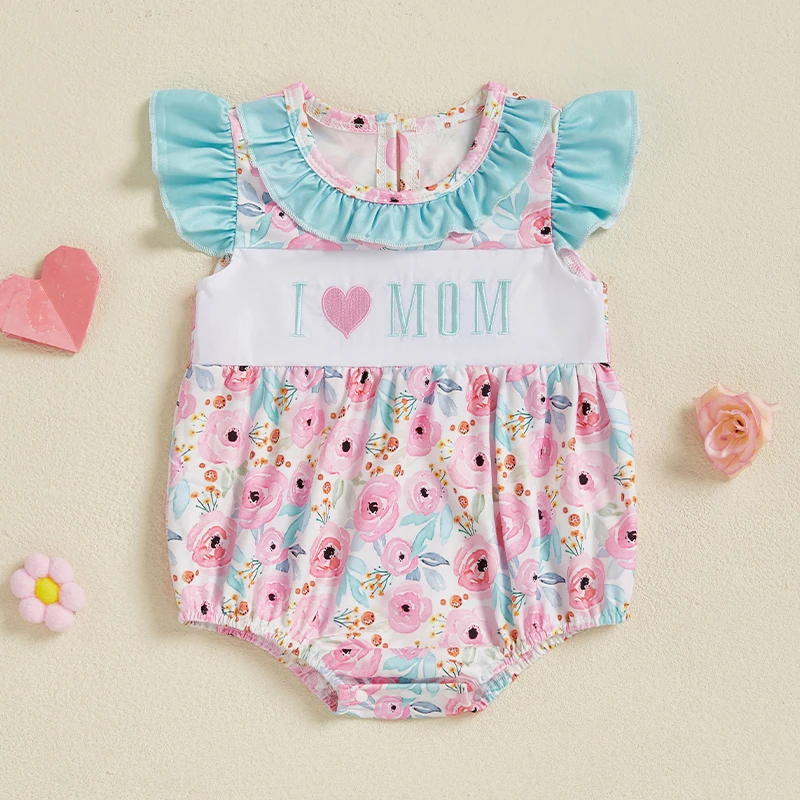 

Baby Girls Mother's Day Romper Toddler Infant Clothes Letter Embroidery Floral Print Flying Sleeve Round Neck Ruffled Jumpsuit