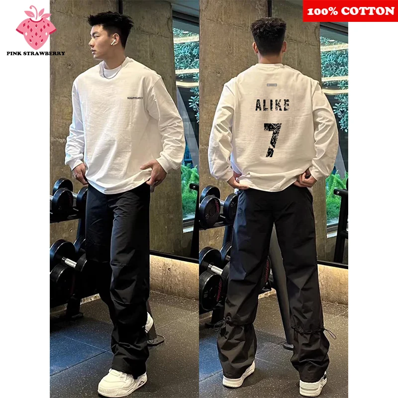 

American Long sleeve White T-shirt Men Autumn 2025 New 100% Cotton Letter Print Gym Workout Shirt Loose Tee Y2k Top Men clothing