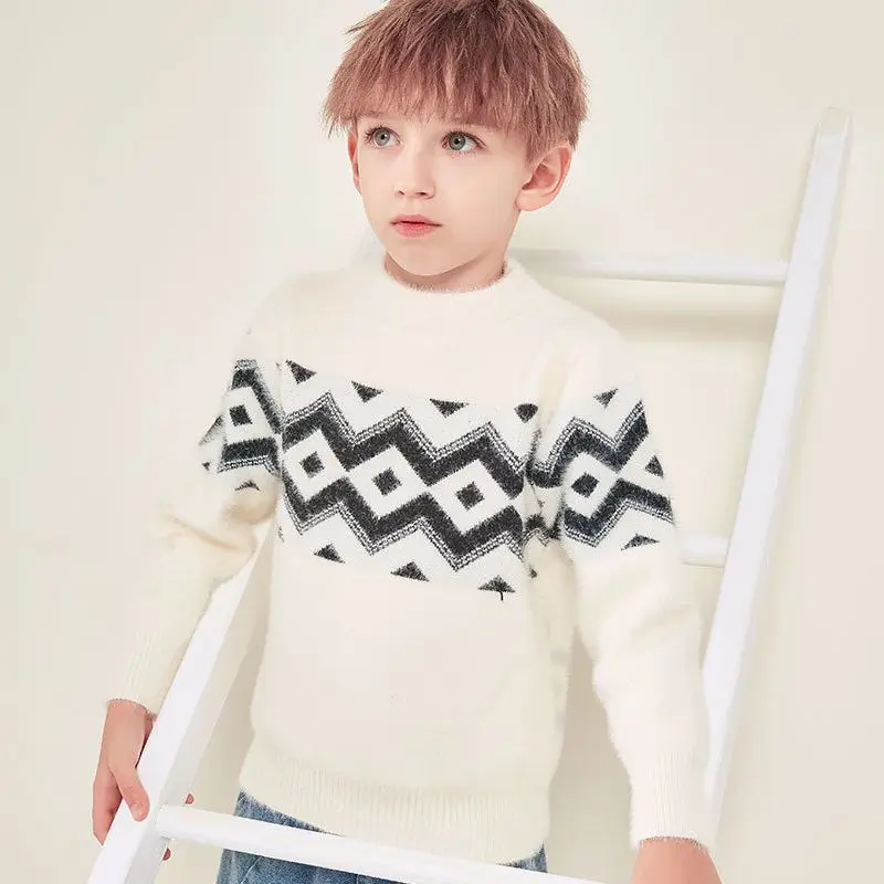 Boy Pullover Plush Thickend Warm Sweater New Autumn Winter Children\'s Knit Sweater O-Neck Stripe Full Sleeve Knitwear 3-14T