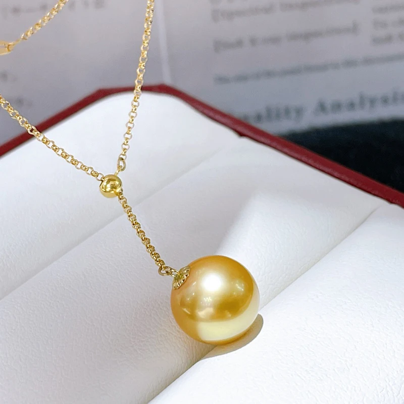 11-12mm Real South Sea Golden Pearl Pendant Necklace with 18K Thick Gold Y-word Adjustment Roman Chain Natural Seawater Pearl