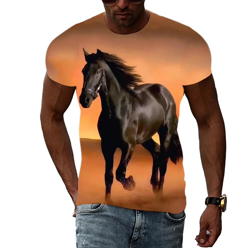 Summer Men's Animal Horse T-shirt Personality Fashion 3D Print Crew Neck Tops Street Elements Hip Hop Fashion Short Sleeve Tees