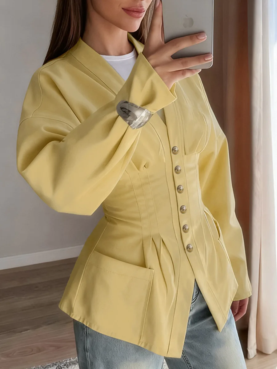 Elegante cintura cônica blusa com decote em v para mulheres viajando sólido mangas compridas magro retalhos roupas novas camisas femininas