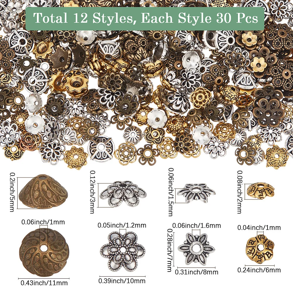 360pcs 12Styles Assorted Bead Caps Bead Caps Metal Alloy Vintage Gold Silver Bronze Hollow Texture Jewelry Loose Spacer Findings