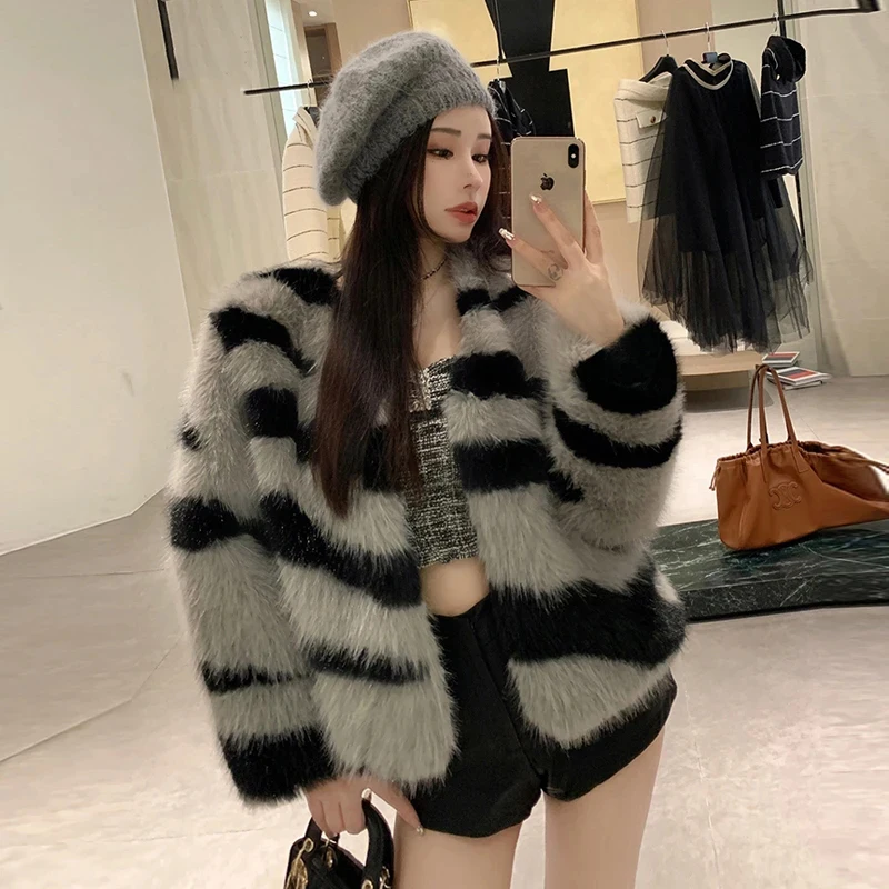 Fanieces Vintage Zebra gestreiften Druck Kunst pelz Mantel Frauen Langarm o Hals zottelige Feder jacke Mode lässig Streetwear шуба