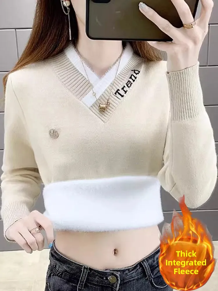 

Thiened One-Piece Fce Women's Knitted Sweater V-Ne Warm Base irt Autumn Winter Faion Commute Sle Polyester Fiber