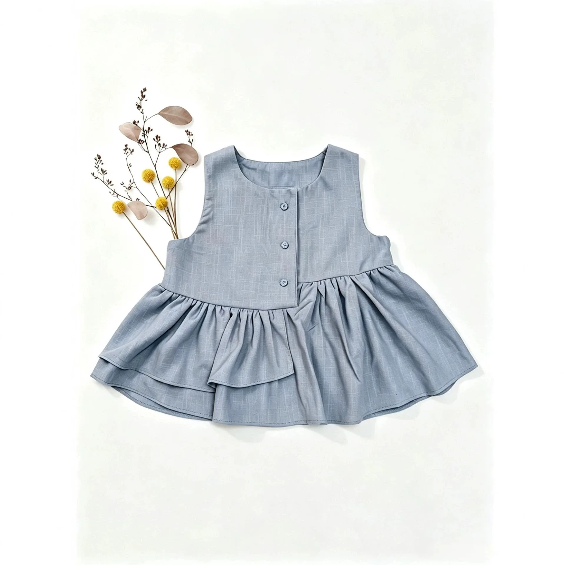 2026 Summer Girls Cotton and Hemp Sleeveless Irregular Shirt Skirt Vest Lotus Leaf Edge Princess Interlining Top