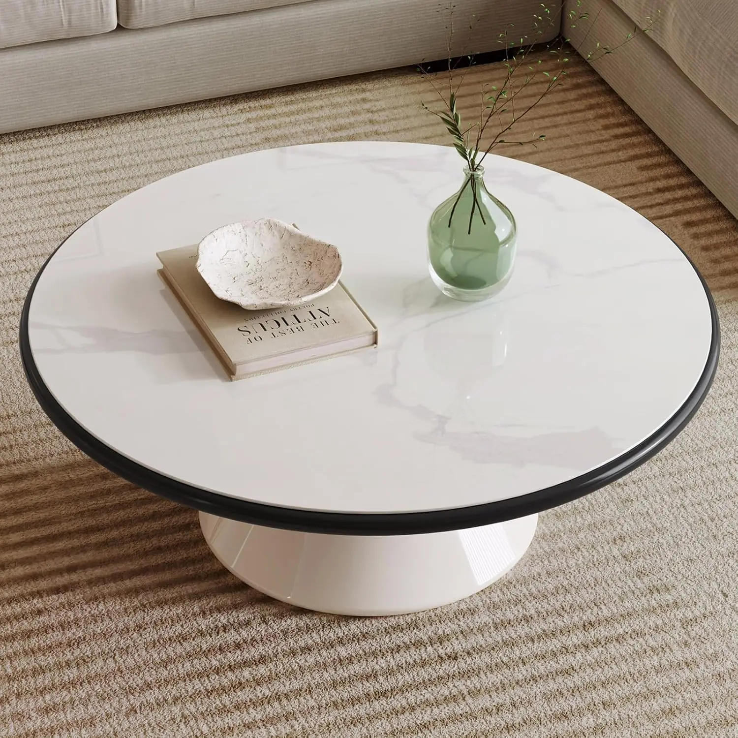 

Round Faux Marble Coffee Table White Pedestal Tempered Glass Modern Kitchen Living Room Apartment Restaurant, Customized