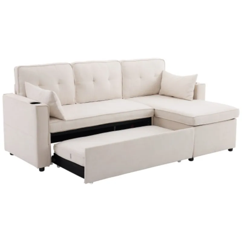 Sofá-cama conversível 3 em 1 com espreguiçadeira de armazenamento interno, sofás-cama em forma de L com porta-copos, travesseiros, bolso de armazenamento