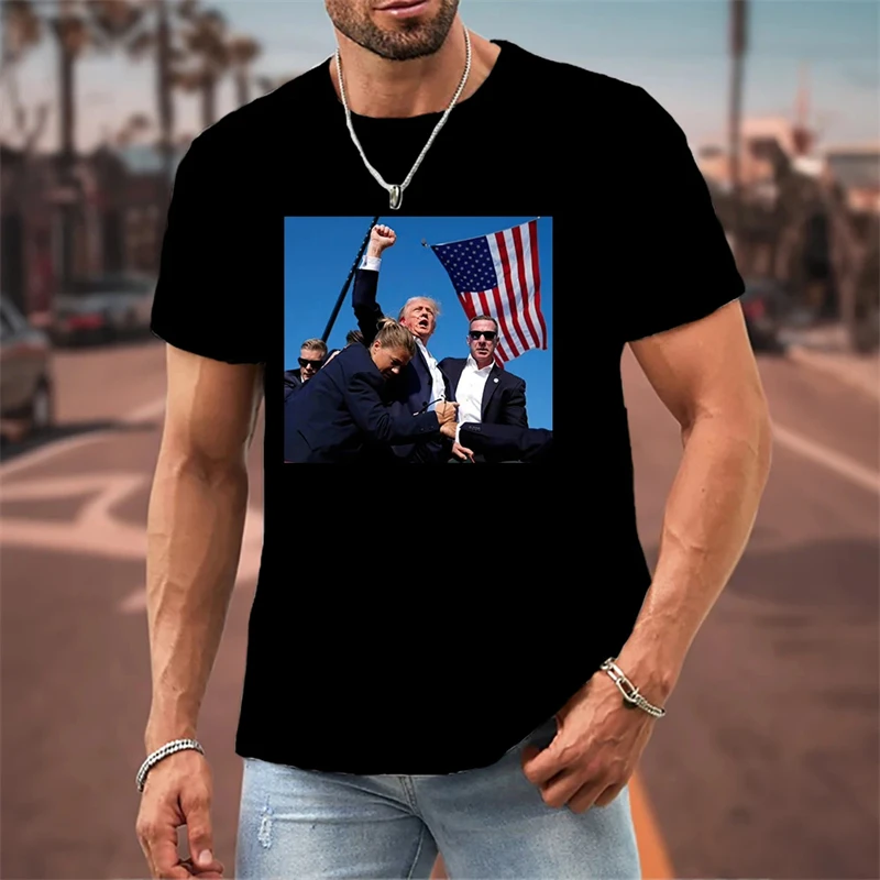 United States Flag Donald · Trump Shooting Raise Your Fist Pictures Never Surrender July 14, 2024 3D Funny T-Shirt Unisex Tops