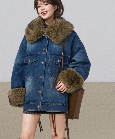 Winter New Women's Denim Jacket Loose Fitting Faux Fur Patchwork Denim Cotton Jacket