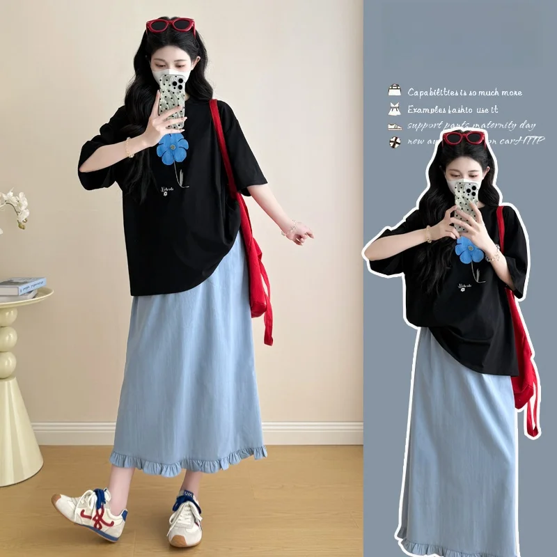 maternity-summer-outfit-short-sleeve-top-and-half-skirt-two-piece-set-for-pregnant-women-korean-style-lightweight-clothing