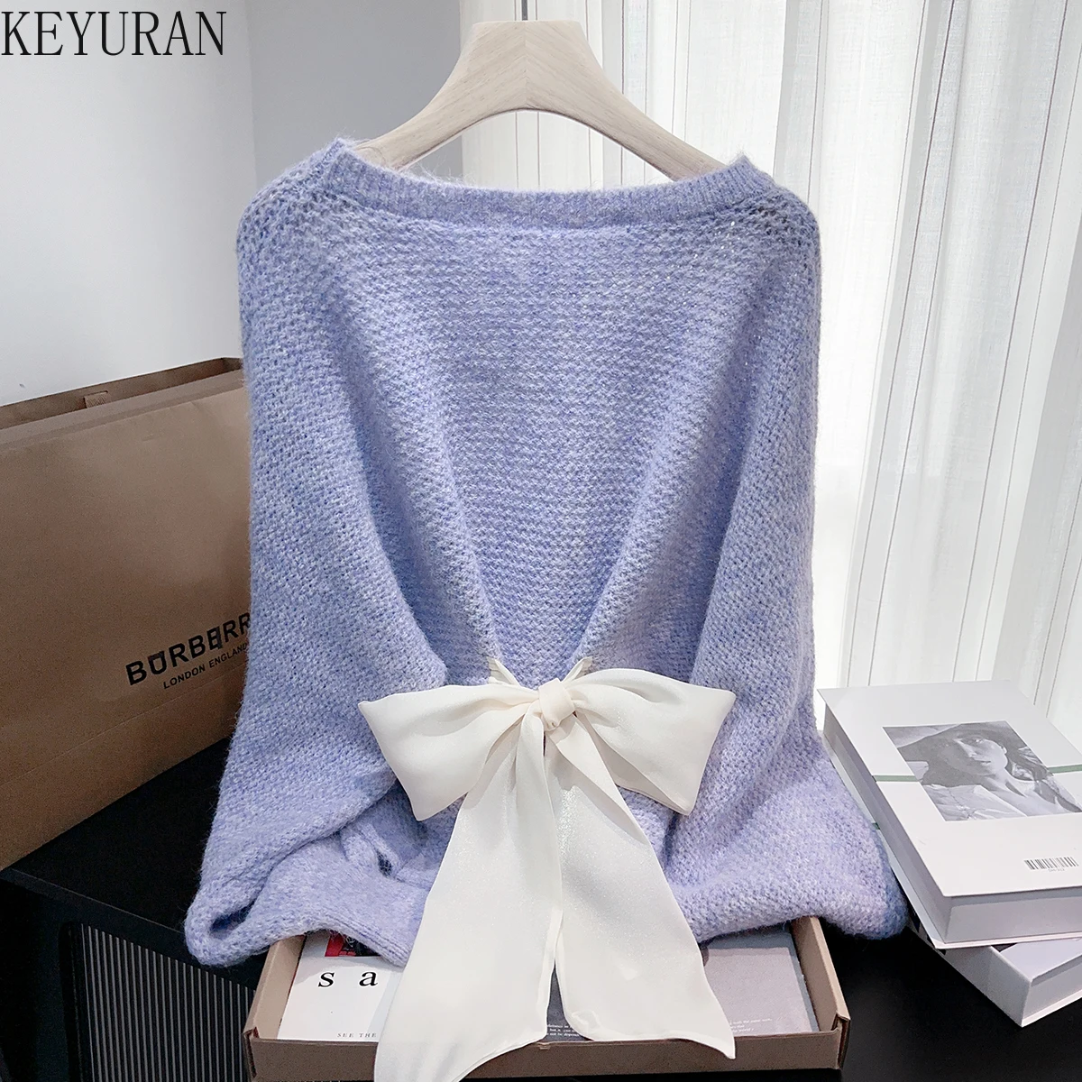 

Осень-зима 2025 г., свободный пуловер с бантом, женский модный ленивый стиль, повседневные вязаные свитера с круглым вырезом и длинными рукавами, джемперы