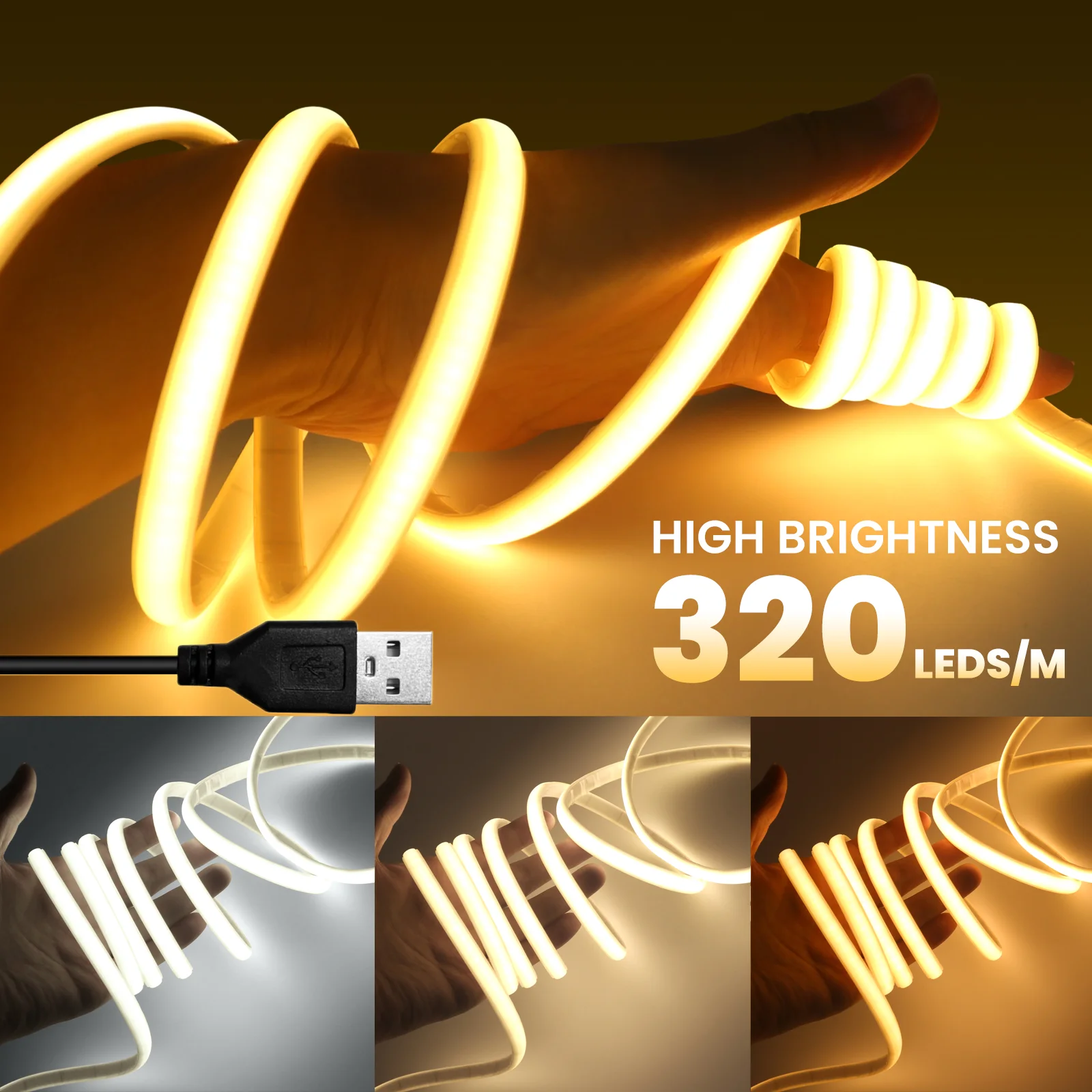COB LED Neon Strip Light 5V USB Flexible LED Tape 320LEDs/M High Density Linear Lighting with Adhesive Tape 3000K 4000K 6000K