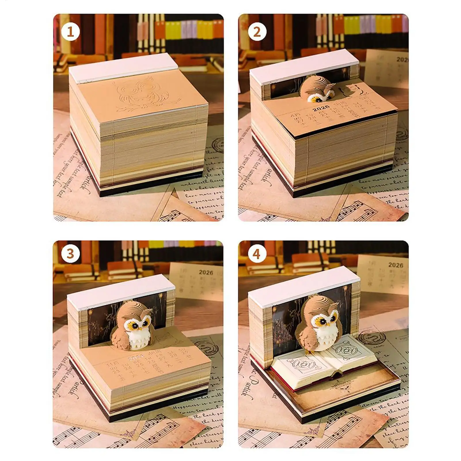 3D Memo Pad Calendar 2026 3D Memo Pad Art Sticky Notes Owl-Shaped Tear Away Carving Time Piece Notepad Christmas Decoration