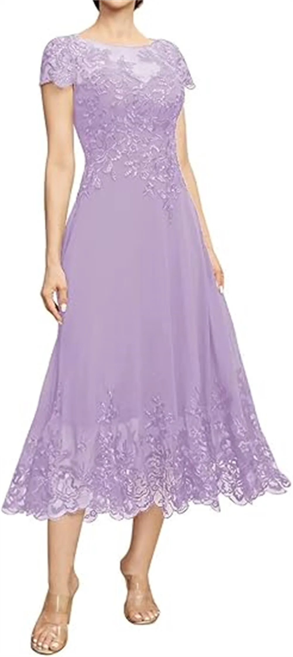 تخصيص ألف خط المرأة فساتين أم العروس طول الشاي لحفل الزفاف الشيفون الأربطة يزين فستان الجدة قصيرة الأكمام #6