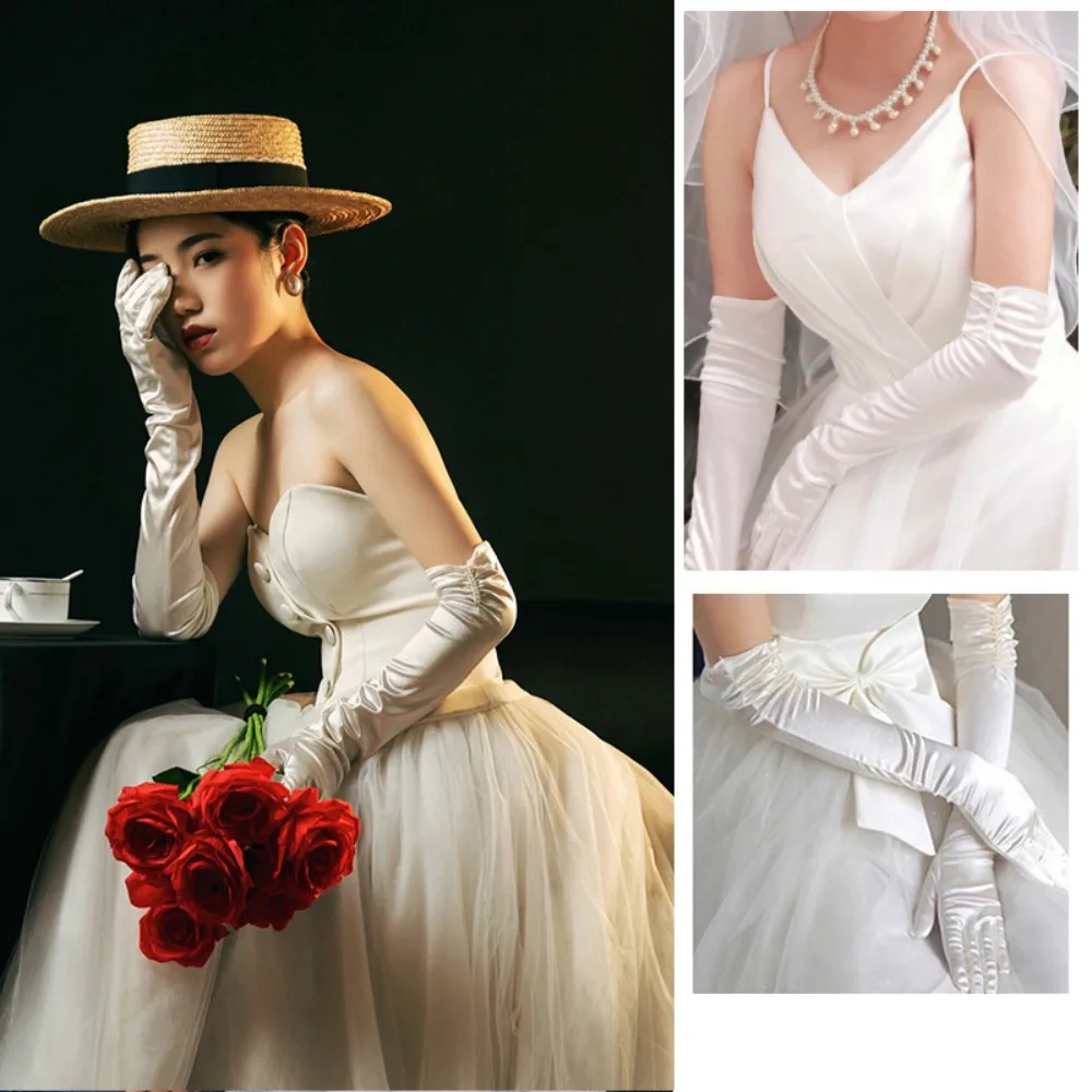 Fashion White Satin Long Gloves Lace Vintage Wedding Bridal Gloves Elastic Sweet Long Finger Mittens Banquet