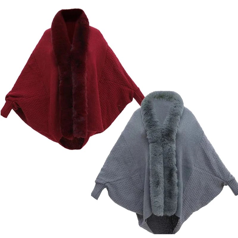 Abrigo de manga murciélago de piel sintética a la moda, cárdigan acrílico tejido para otoño e invierno, capa holgada y delgada para mujer
