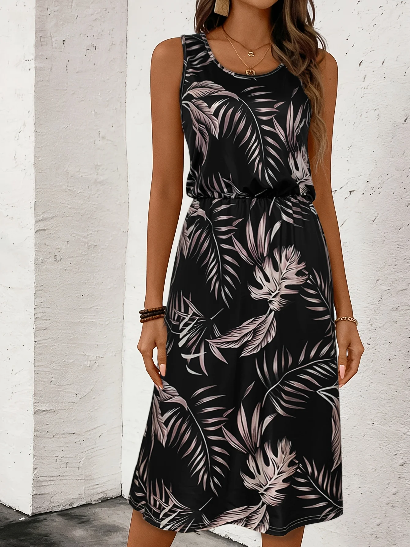 Schwarzes ärmelloses Midikleid mit tropischem Blätterdruck für Damen, sommerliches, lässiges Sommerkleid mit Rundhalsausschnitt und elastischer Taille – Detail 2