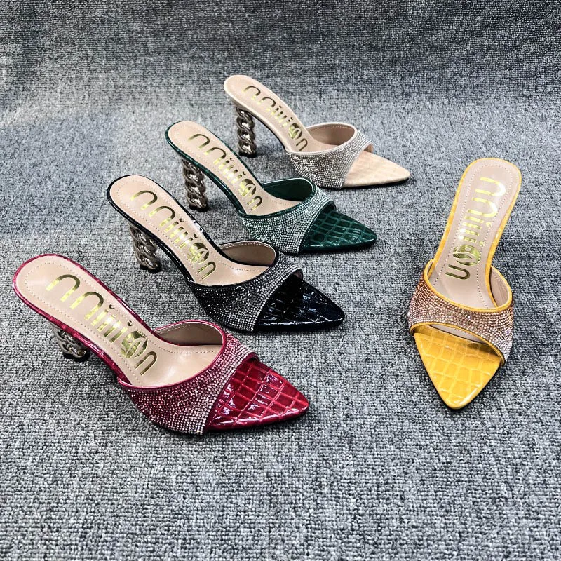 2024 Summer New Women's Slippers Sexy Luxury Pointed Rhinestone Colored High Heel Slippers Wedding Bridal Party Large Size Shoes