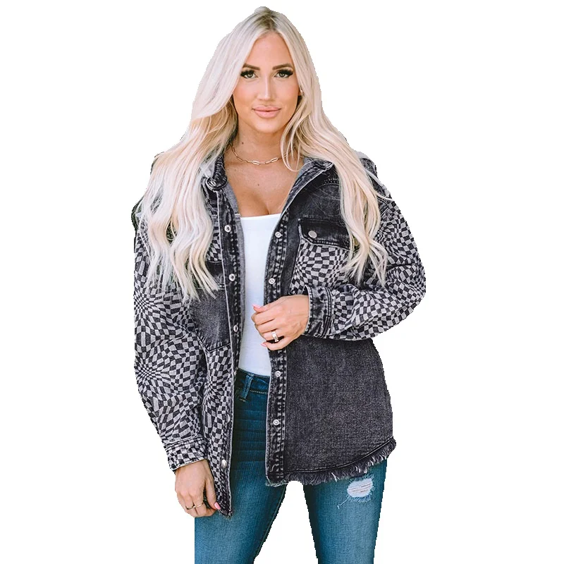 

Fashionable Hooded Plaid Denim Jacket In Autumn And Winter 2023, New Contrasting Color Insulation Long Sleeved