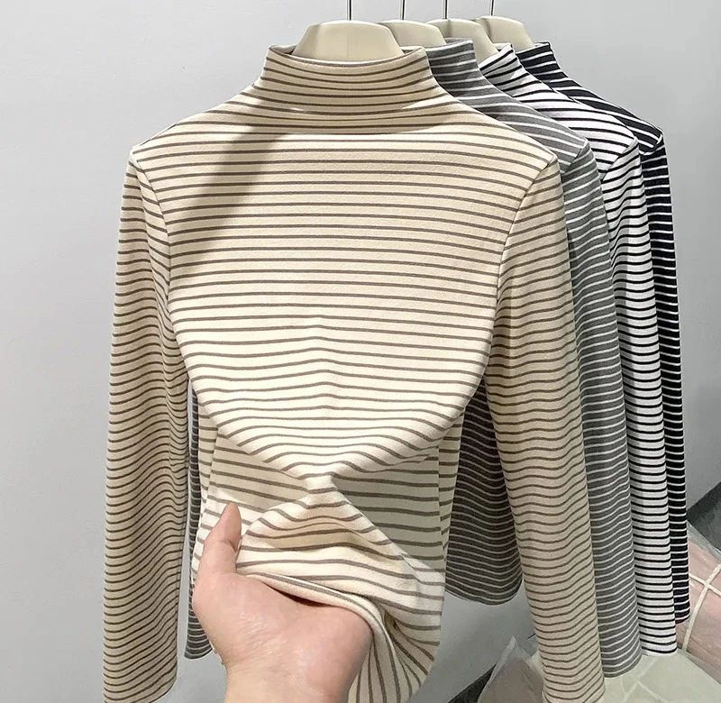 

Women Stripe Long Sleeve High Strecth Slim Fit Bottoming Shirts Casual Korean Turtleneck Warm Autumn Winter Undershirts