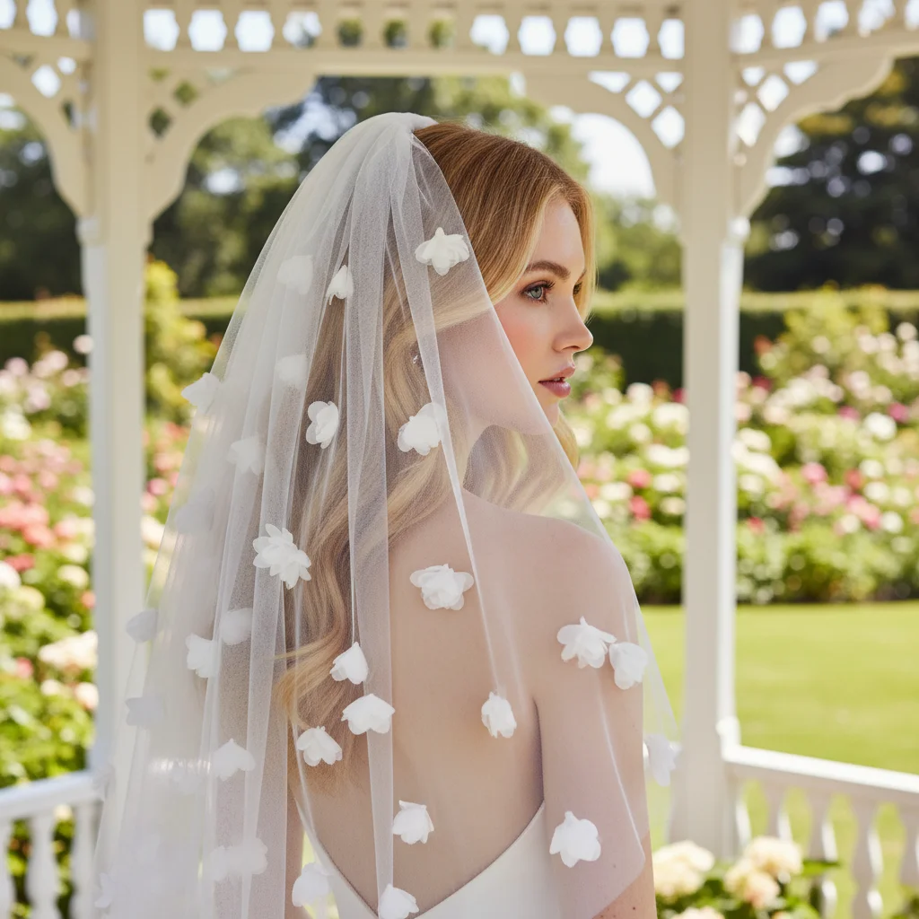 

Свадебная фата из элегантного тюля с 3D цветочными аппликациями, свадебные аксессуары для невесты, длинная фата-мантилья с нежным кружевным краем G20