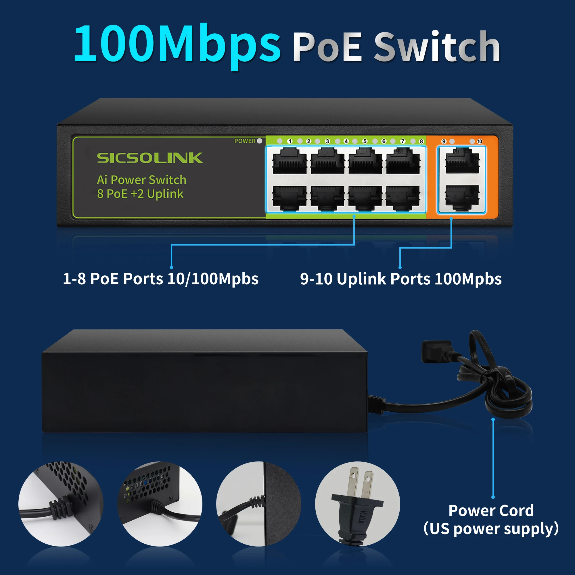 Imagem -03 - Switch Inteligente com 10 Portas Poe Mais Switch Uplinks 802.3af At120w Potência Total 10 100 1000 Mbps Desbloqueado Fanless ai