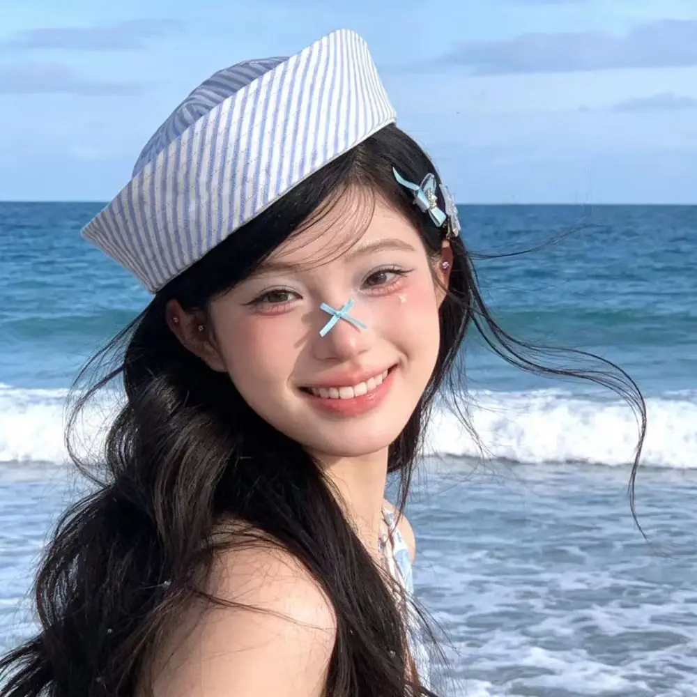 Korean Y2K Stripe Sailor Hat Cute Solid Color Navy Hat Flipped Brim Octagonal Dome Hat Spring