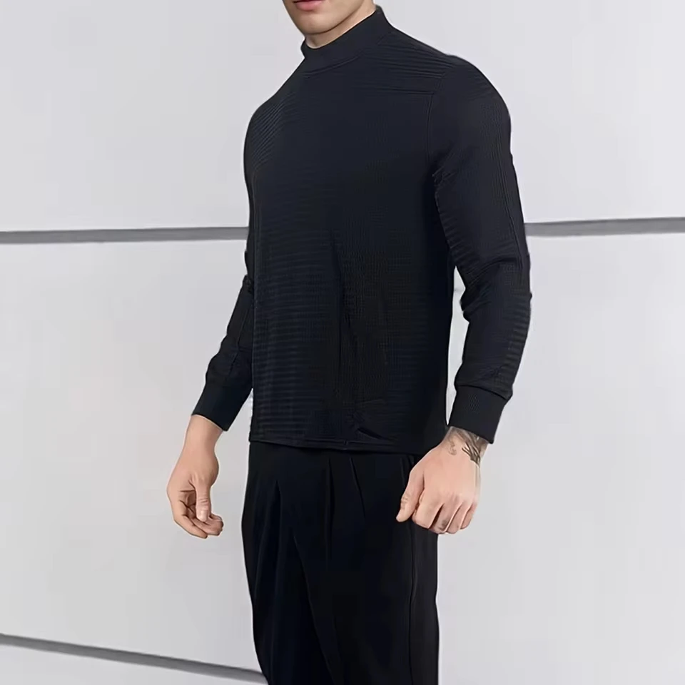 

New fashionable men's casual knitted bottoming shirt, semi-turtleneck water ripple solid color long-sleeved T-shirt