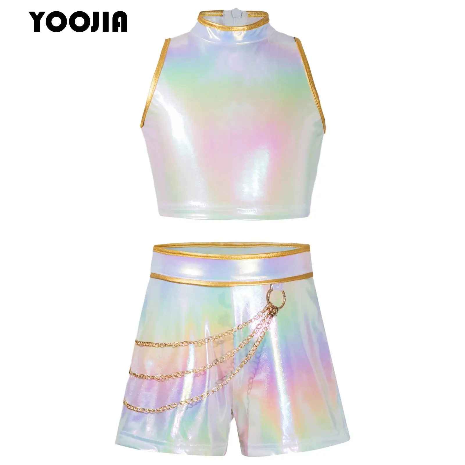 

Kids Girls Demon Costume Hunter Singer Outfit Halloween Korea Idol Cosplay Iridescent Gloss Crop Top+Waist Chain Shorts Set
