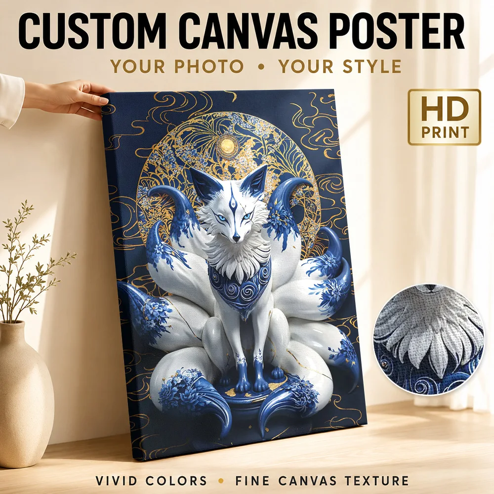 Porcelain Nine Tailed Fox Canvas Painting Poster Personalized Japanese Inspired Wall Art for Bedroom Decor Gift for Collectors