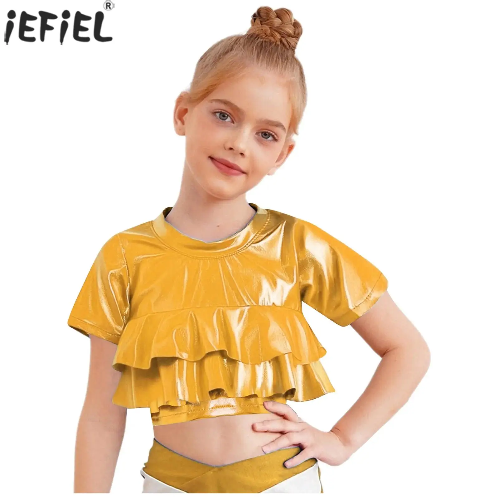 Kids Girls Metallic Ruffled Crop Top Jazz Hip Hop Street Dance Tops Short Sleeves T-shirt Cheerleading Stage Performance Costume