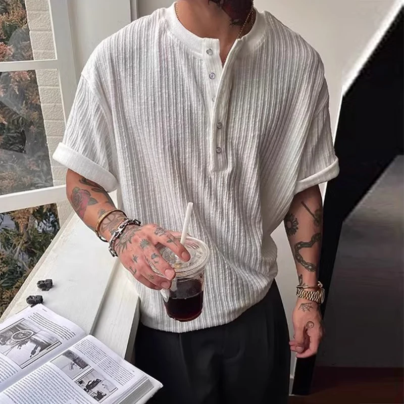 Old Money Style Classic Henley T Shirt Men Summer Trendy Half Sleeve Button Crew Neck Tops Mens Vintage Knitted Ribbed T-shirts