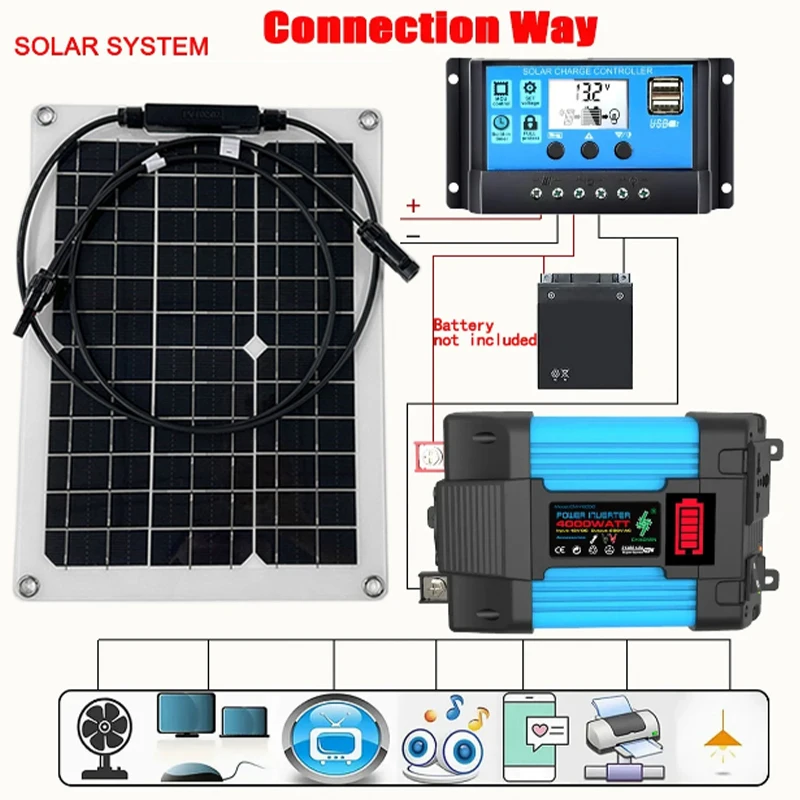 6000W 12V to 220V Solar Power System 600W Solar Panel 10-100A Charge Controller Complete Power Generation Kit Home Grid Camp