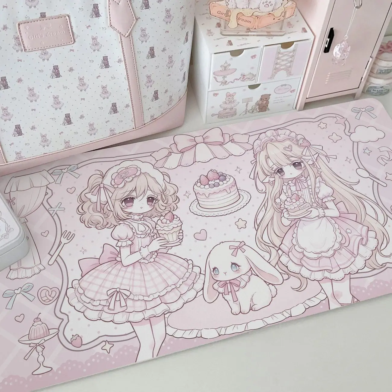PU Leather Mouse Pad Y2K Sweet Pink Angel Cat Girl Bunny Cake Bow Mouse Pad Office Desk Mat Waterproof Non-Slip Desk Blotter Pad
