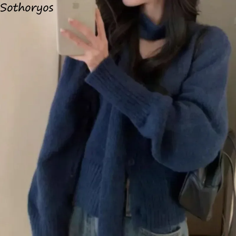 Cárdigans para mujer con cuello en V, combinables con todo, de punto, estilo coreano, sólidos, abrigos de Otoño Invierno para chicas jóvenes, suéteres cálidos de calle Retro