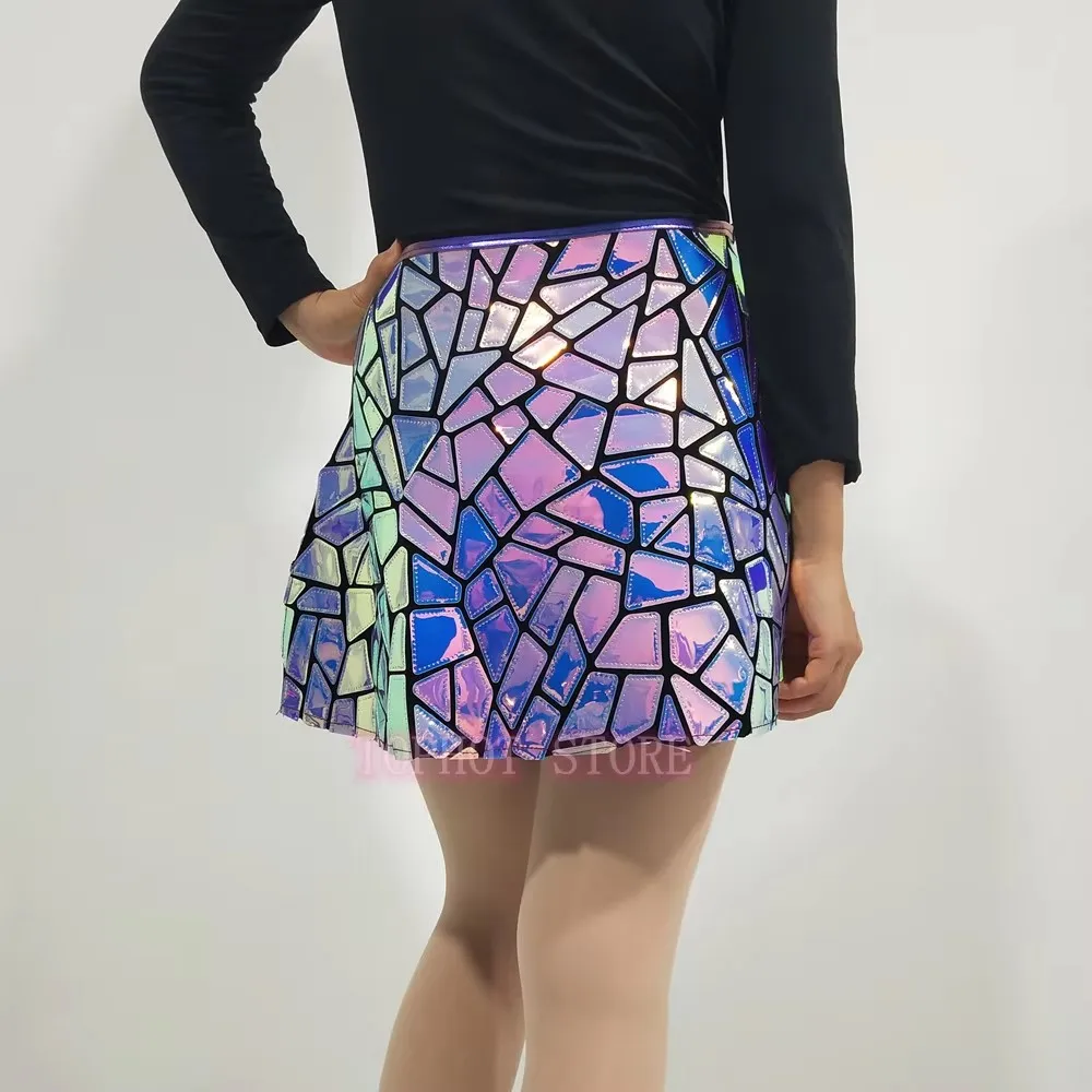 섹시한 짧은 치마 스팽글 퍼플 블루 레이저 미러 댄스 의상 나이트클럽 클럽 파티 드레스 무대 의상 가수 공연 의상