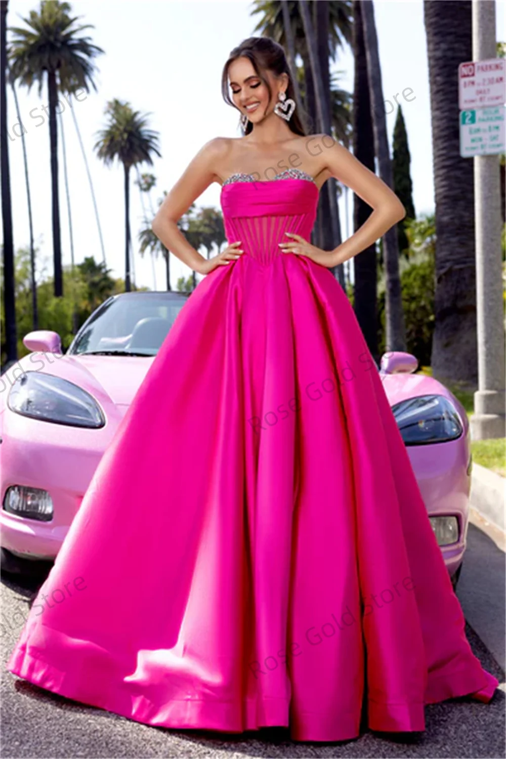 Elegant Pink Prom Dresses  Strapless A Line Beading Formal Evening Gowns Stain Sleeveless Vestidos de Fiesta Customized