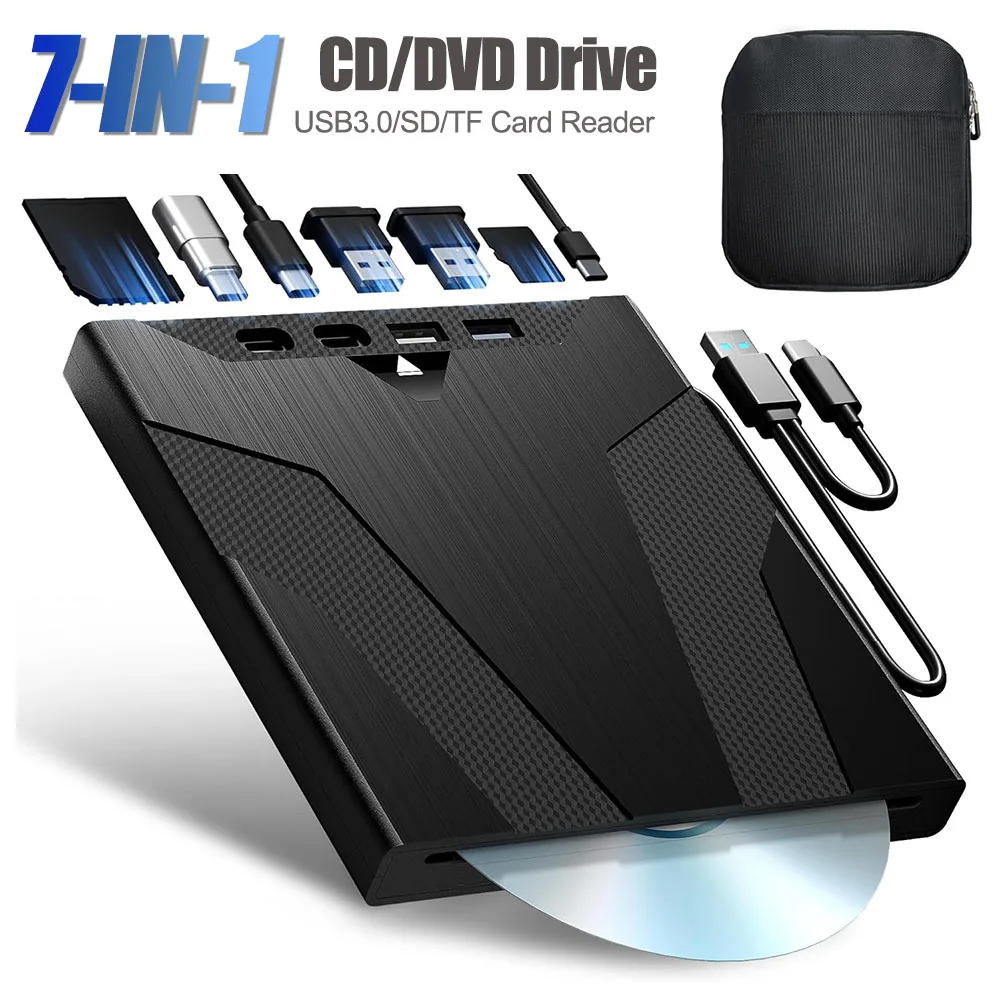 

7-IN-1 Portable CD/DVD Drive External Optical Drive for Laptop PC CD/DVD RW Player Burner with USB3.0 Type-C SD TF Card Slots
